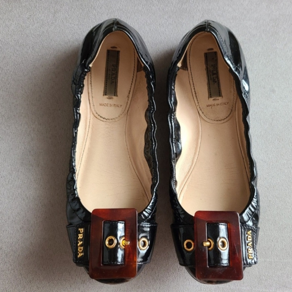 Prada Black Patent Leather Buckle Flats